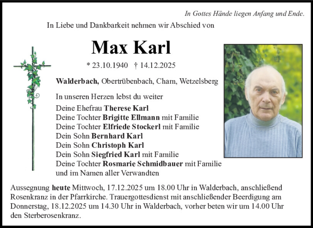  Traueranzeige für Max Karl vom 17.12.2025 aus Bayerwald Echo