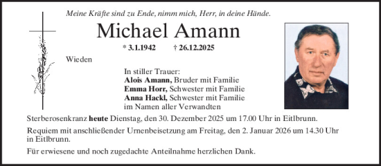 Traueranzeige von Michael Amann von Mittelbayerische Zeitung Regensburg