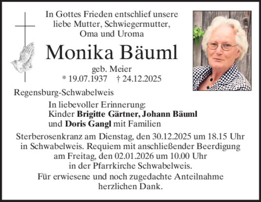  Traueranzeige für Monika Bäuml vom 30.12.2025 aus Mittelbayerische Zeitung Regensburg