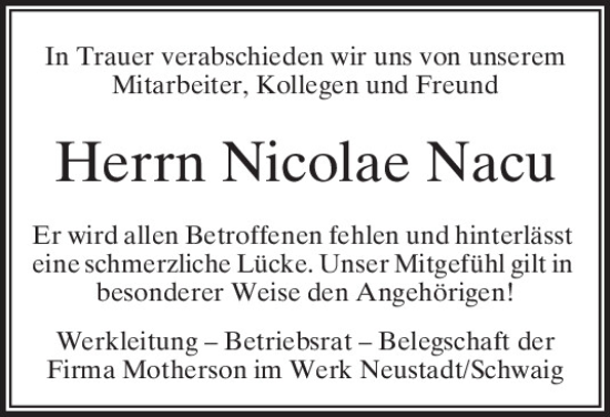 Traueranzeige von Nicolae Nacu von Mittelbayerische Zeitung Kelheim