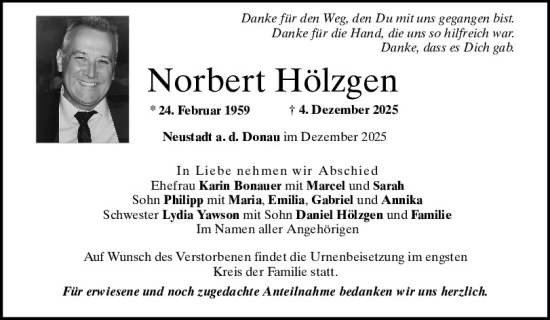 Traueranzeige von Norbert Hölzgen von Mittelbayerische Zeitung Kelheim