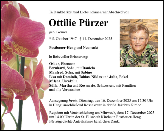 Traueranzeige von Ottilie Pürzer von Neumarkter Tagblatt