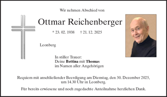 Traueranzeige von Ottmar Reichenberger von Mittelbayerische Zeitung Schwandorf
