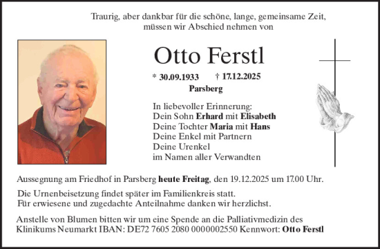 Traueranzeige von Otto Ferstl von Neumarkter Tagblatt