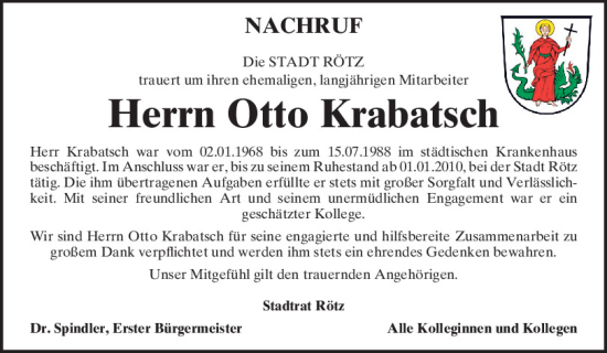 Traueranzeige von Otto Krabatsch von Bayerwald Echo