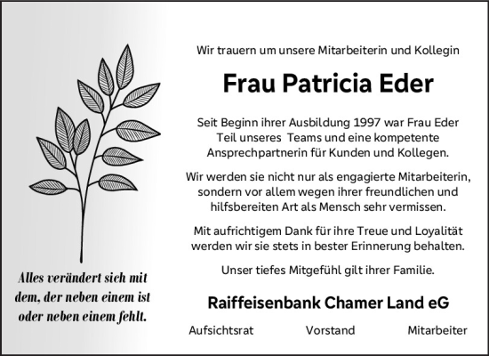 Traueranzeige von Patricia Eder von Bayerwald Echo