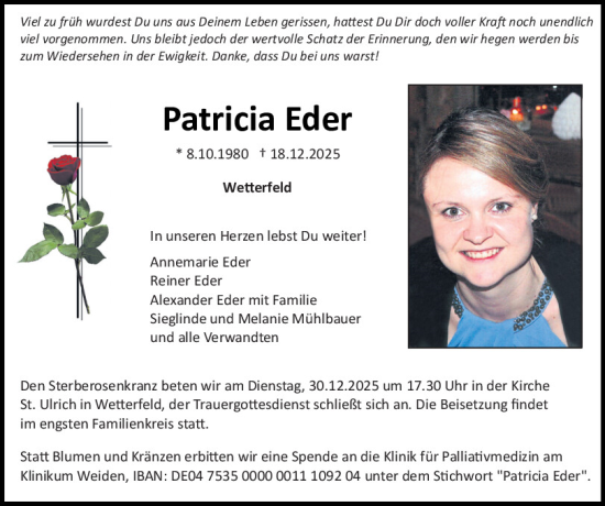 Traueranzeige von Patricia Eder von Bayerwald Echo