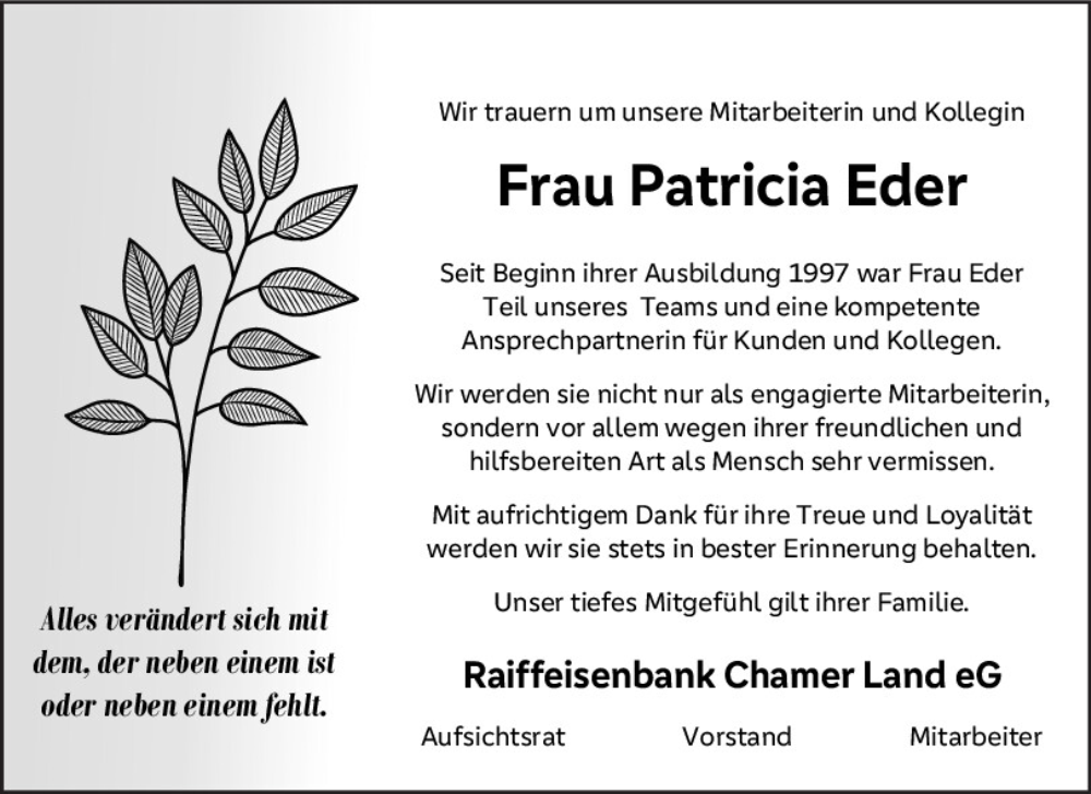  Traueranzeige für Patricia Eder vom 30.12.2025 aus Bayerwald Echo