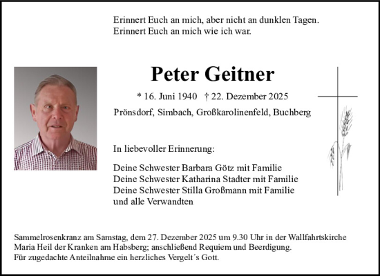 Traueranzeige von Peter Geitner von Neumarkter Tagblatt