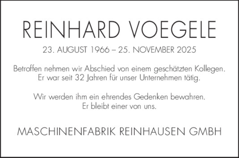  Traueranzeige für Reinhard Voegele vom 27.12.2025 aus Mittelbayerische Zeitung Regensburg