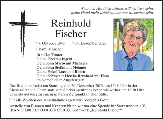 Traueranzeige von Reinhold Fischer von Bayerwald Echo