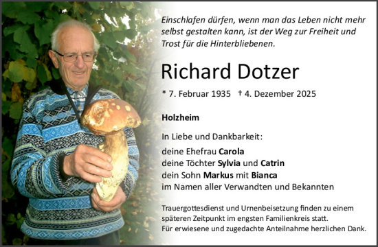 Traueranzeige von Richard Dotzer von Neumarkter Tagblatt