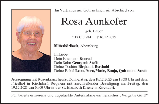 Traueranzeige von Rosa Aunkofer von Mittelbayerische Zeitung Kelheim