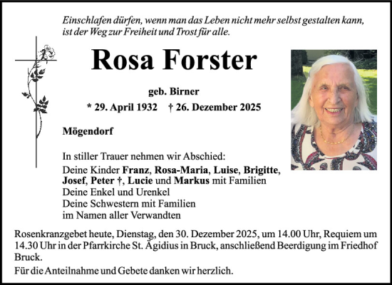 Traueranzeige von Rosa Forster von Mittelbayerische Zeitung Schwandorf