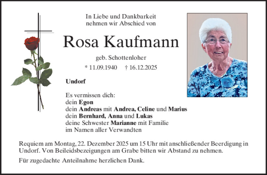 Traueranzeige von Rosa Kaufmann von Mittelbayerische Zeitung Regensburg
