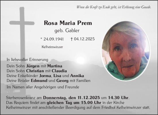 Traueranzeige von Rosa Maria Prem von Mittelbayerische Zeitung Kelheim