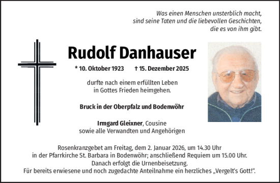 Traueranzeige von Rudolf Danhauser von Mittelbayerische Zeitung Schwandorf