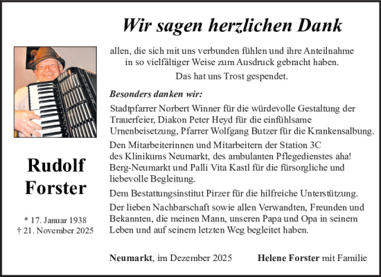 Traueranzeige von Rudolf Forster von Neumarkter Tagblatt