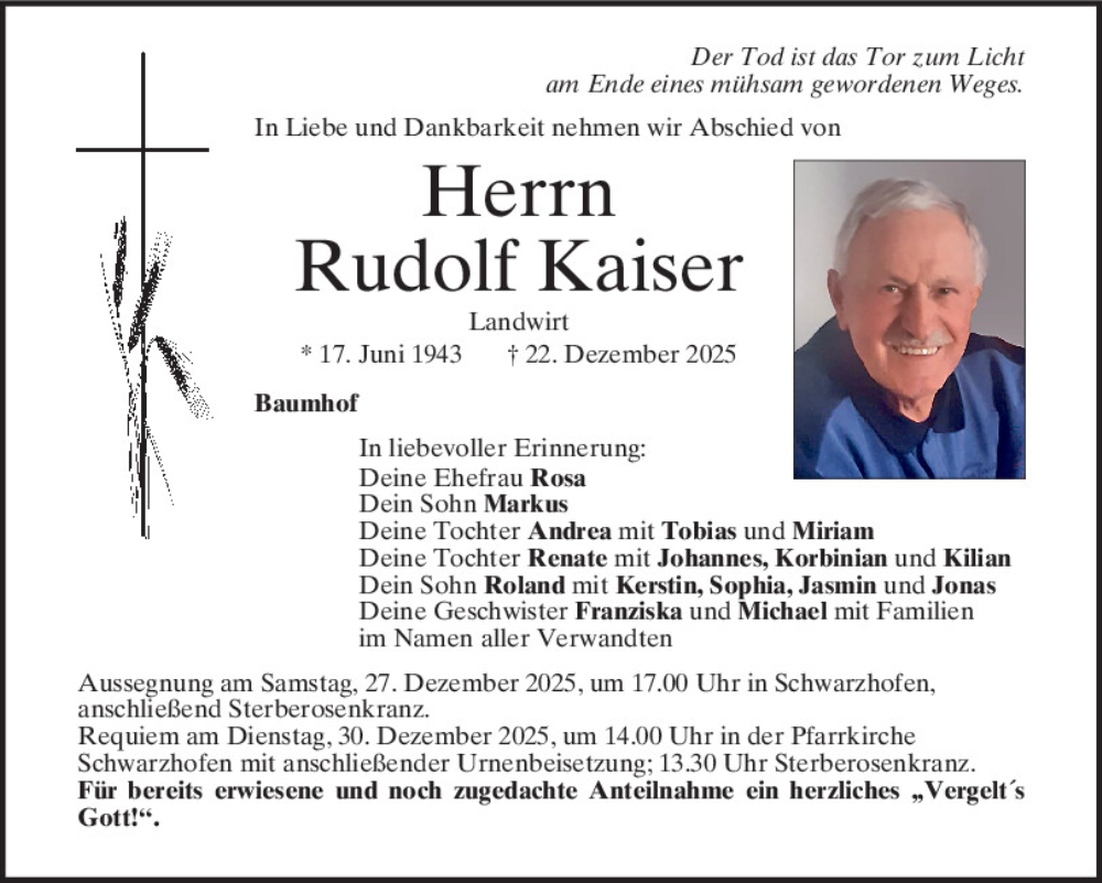  Traueranzeige für Rudolf Kaiser vom 24.12.2025 aus Mittelbayerische Zeitung Schwandorf
