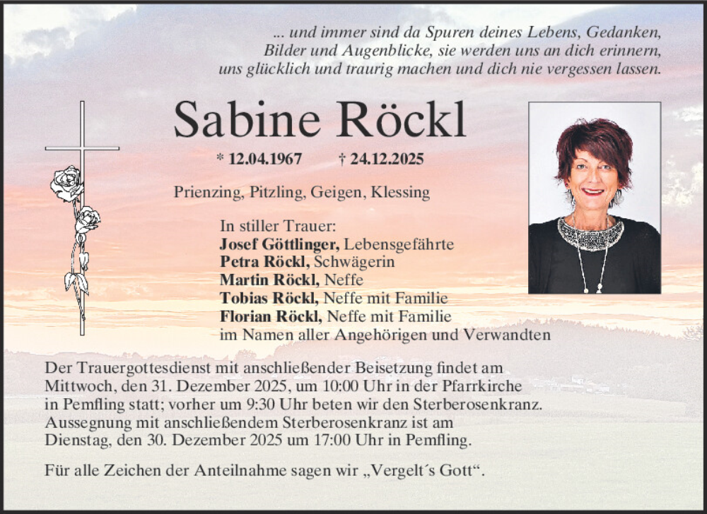  Traueranzeige für Sabine Röckl vom 30.12.2025 aus Bayerwald Echo