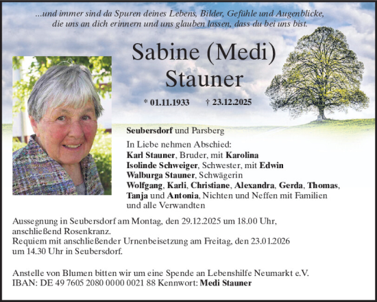 Traueranzeige von Sabine Stauner von Neumarkter Tagblatt