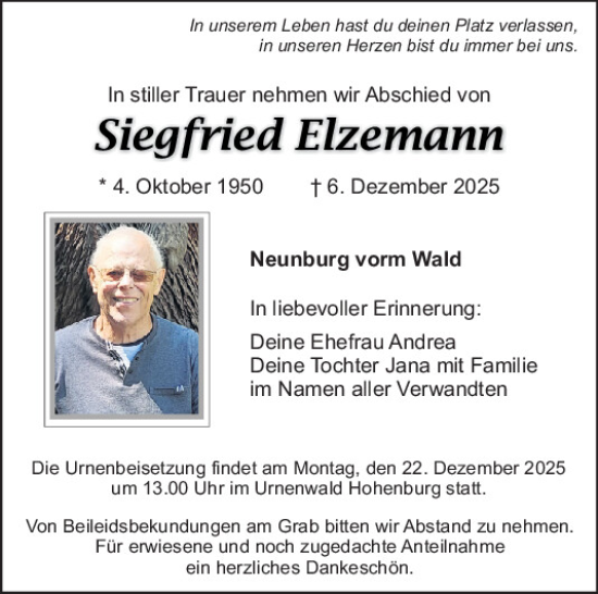 Traueranzeige von Siegfried Elzemann von Mittelbayerische Zeitung Schwandorf