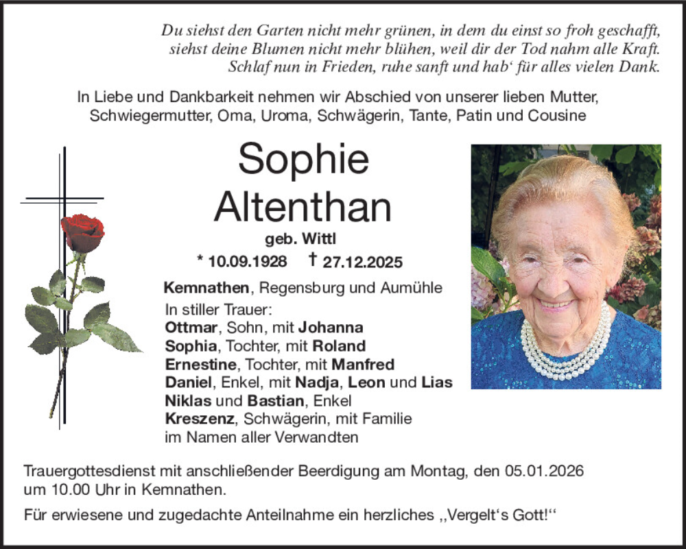  Traueranzeige für Sophie Altenthan vom 30.12.2025 aus Neumarkter Tagblatt
