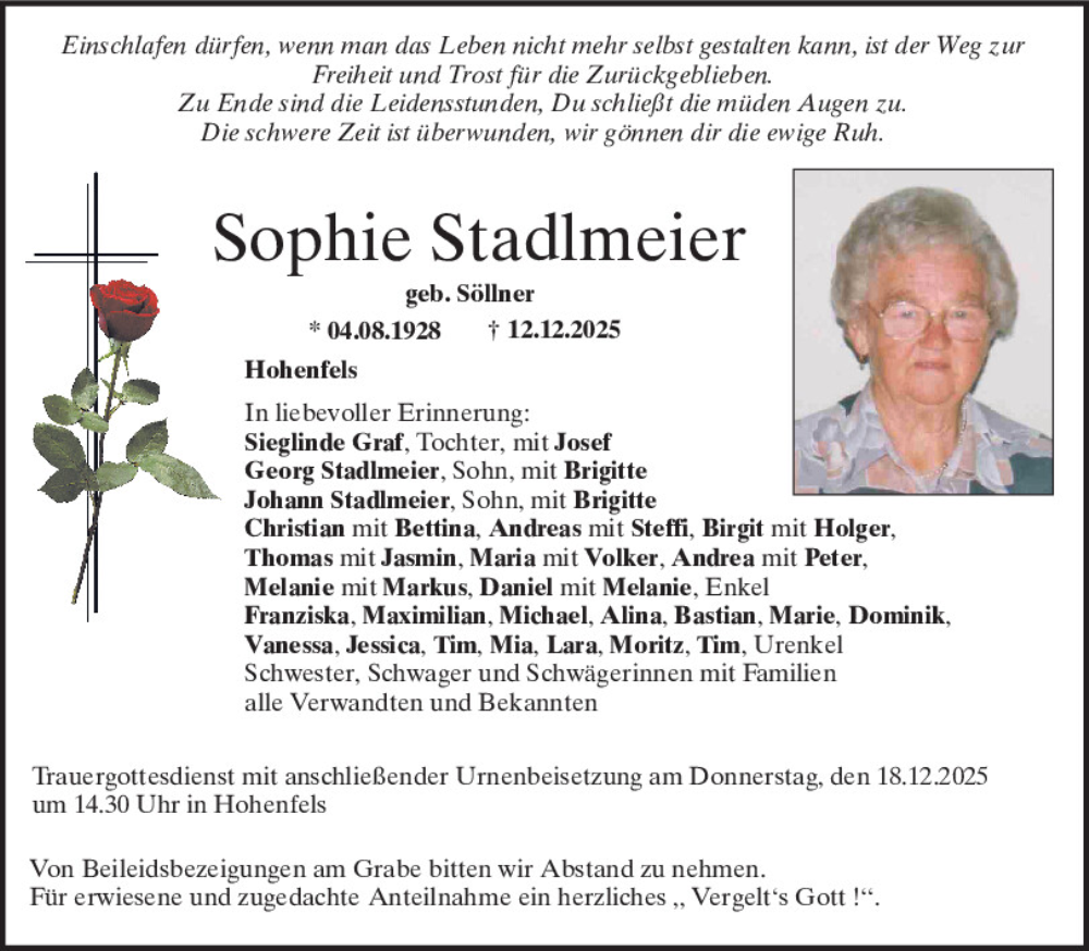  Traueranzeige für Sophie Stadlmeier vom 16.12.2025 aus Neumarkter Tagblatt
