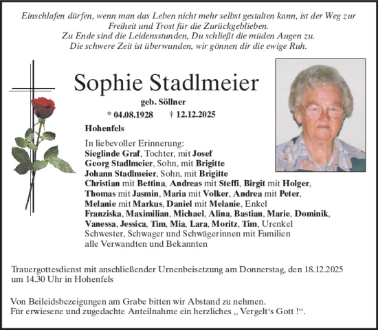 Traueranzeige von Sophie Stadlmeier von Neumarkter Tagblatt
