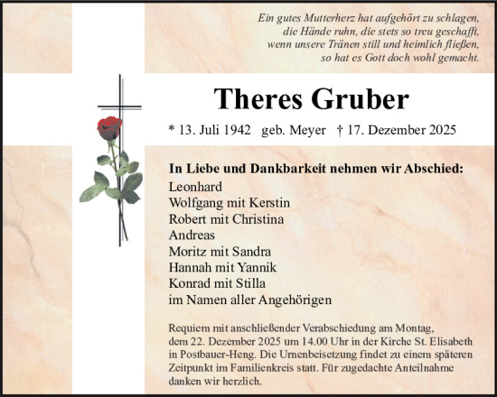 Traueranzeige von Theres Gruber von Neumarkter Tagblatt