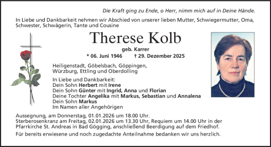 Traueranzeige von Therese Kolb von Mittelbayerische Zeitung Kelheim