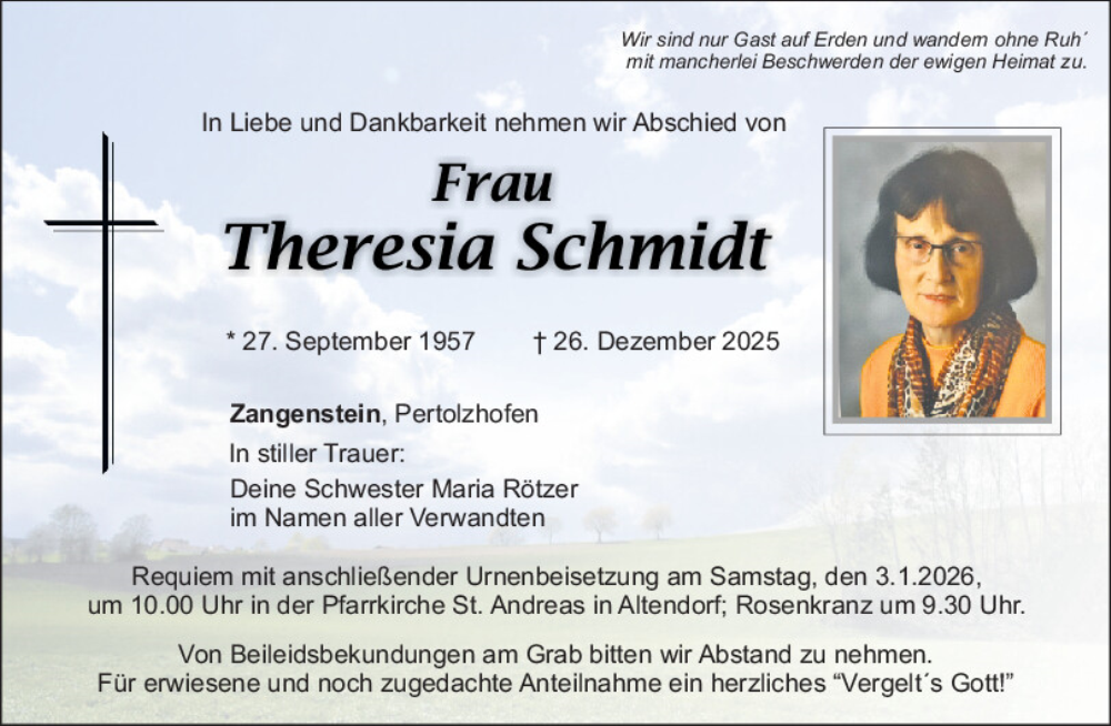  Traueranzeige für Theresia Schmidt vom 30.12.2025 aus Mittelbayerische Zeitung Schwandorf