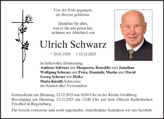 Traueranzeige von Ulrich Schwarz von Mittelbayerische Zeitung Regensburg