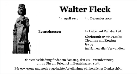 Traueranzeige von Walter Fleck von Mittelbayerische Zeitung Schwandorf