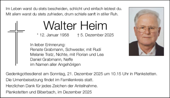 Traueranzeige von Walter Heim von Neumarkter Tagblatt