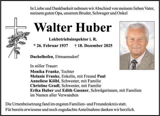 Traueranzeige von Walter Huber von Mittelbayerische Zeitung Schwandorf