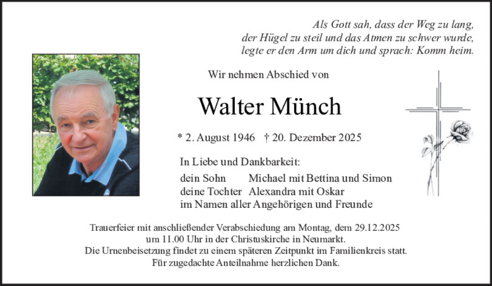  Traueranzeige für Walter Münch vom 27.12.2025 aus Neumarkter Tagblatt