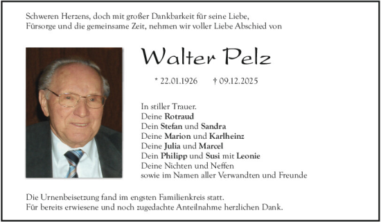 Traueranzeige von Walter Pelz von Mittelbayerische Zeitung Regensburg