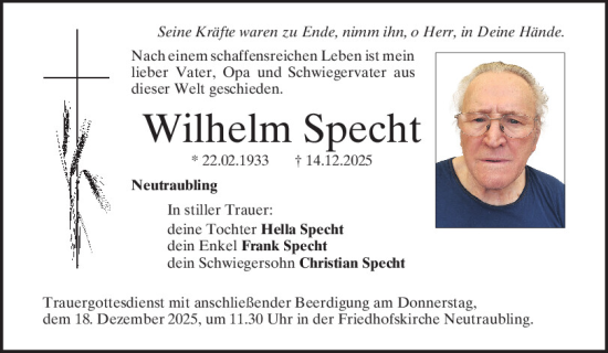 Traueranzeige von Wilhelm Specht von Mittelbayerische Zeitung Regensburg
