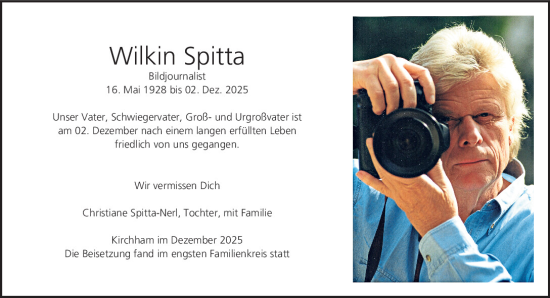 Traueranzeige von Wilkin Spitta von Mittelbayerische Zeitung Regensburg