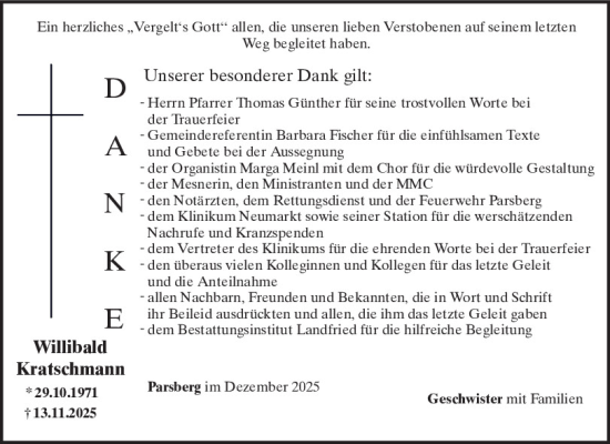 Traueranzeige von Willibald Kratschmann von Neumarkter Tagblatt