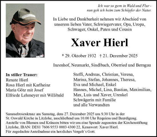 Traueranzeige von Xaver Hierl von Neumarkter Tagblatt