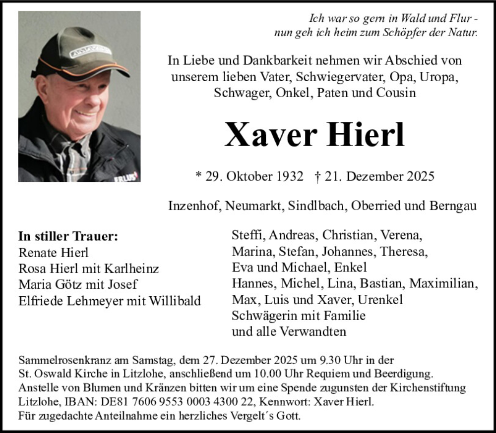  Traueranzeige für Xaver Hierl vom 24.12.2025 aus Neumarkter Tagblatt