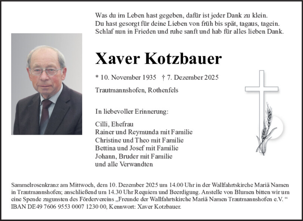  Traueranzeige für Xaver Kotzbauer vom 09.12.2025 aus Neumarkter Tagblatt