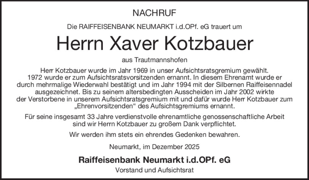  Traueranzeige für Xaver Kotzbauer vom 10.12.2025 aus Neumarkter Tagblatt