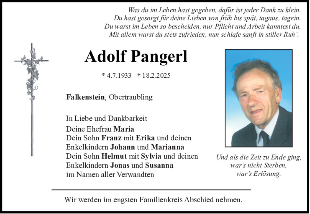  Traueranzeige für Adolf Pangerl vom 21.02.2025 aus Bayerwald Echo
