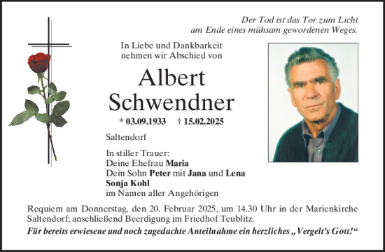 Traueranzeige von Albert Schwendner von Mittelbayerische Zeitung Schwandorf