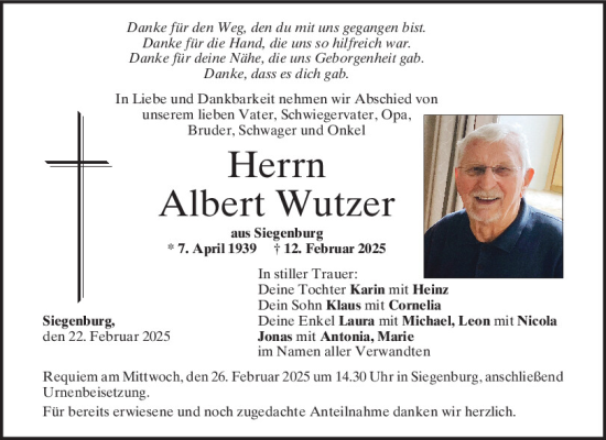 Traueranzeige von Albert Wutzer von Mittelbayerische Zeitung Kelheim