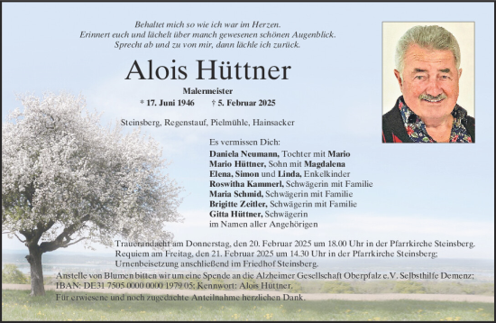 Traueranzeige von Alois Hüttner von Mittelbayerische Zeitung Regensburg