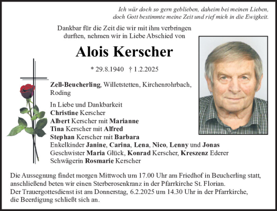 Traueranzeige von Alois Kerscher von Bayerwald Echo
